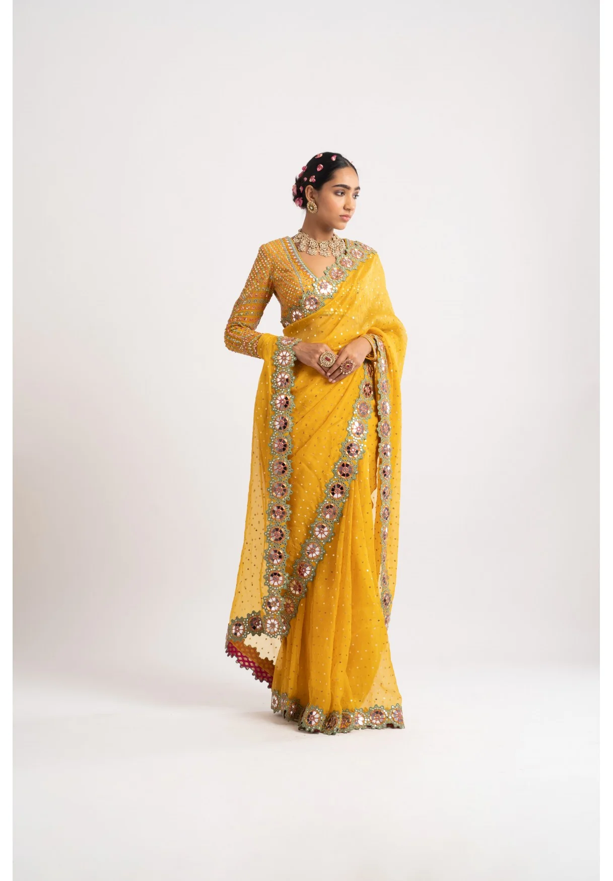 Yellow Hand Cut Mirror Border Saree Set - Image 3