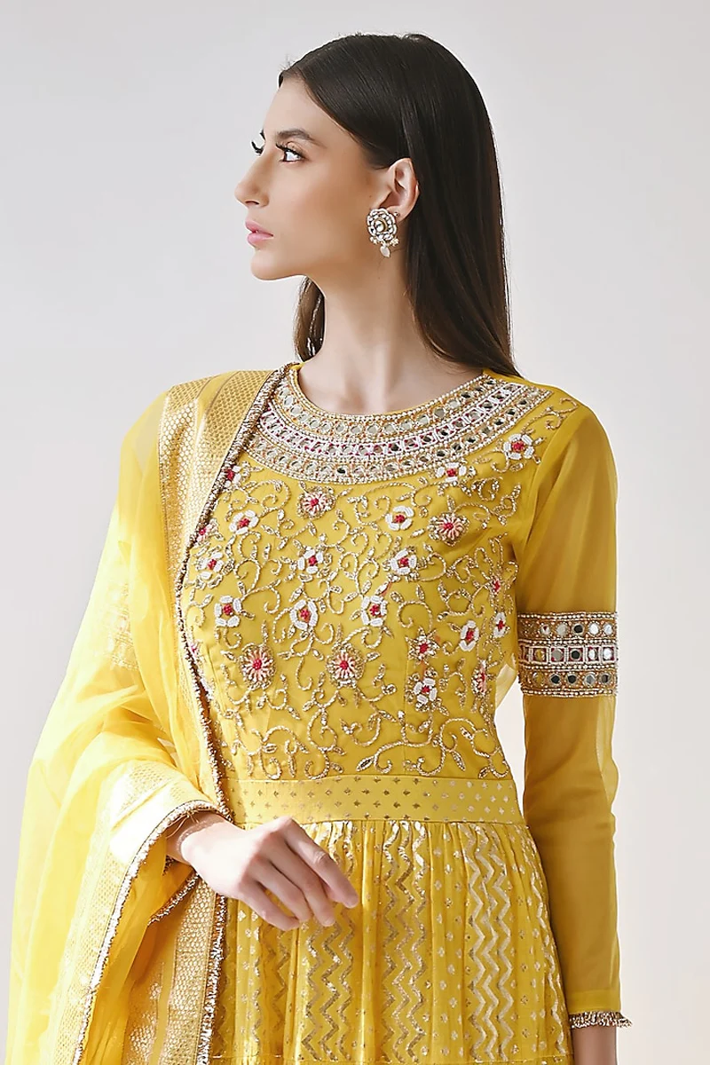 Yellow Hand Embroidered Anarkali Set - Image 3