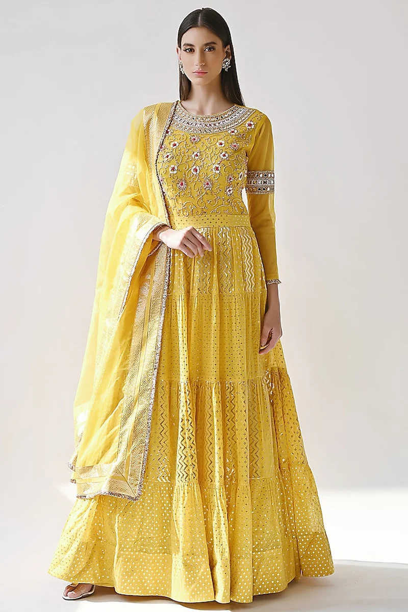 Yellow Hand Embroidered Anarkali Set - Image 4