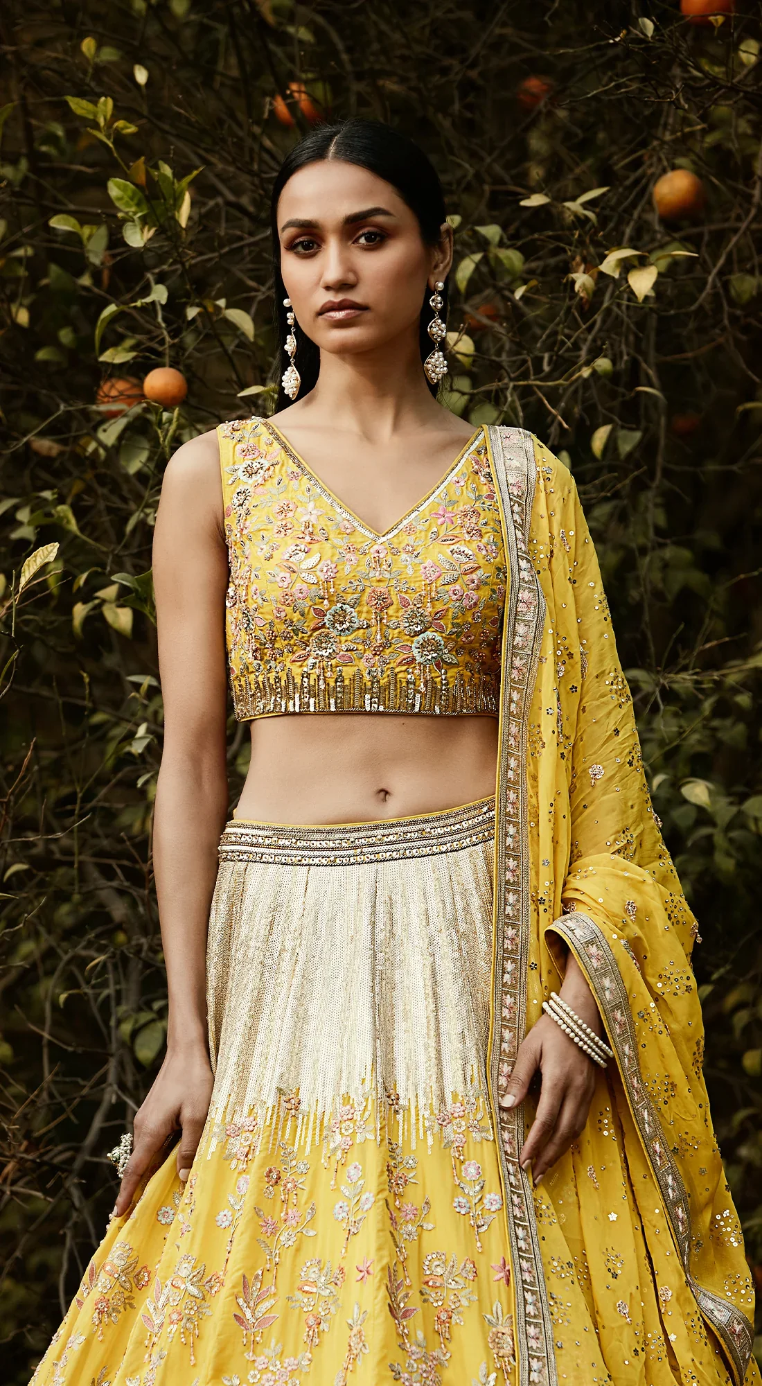 Yellow Hand Embroidered Lehenga Set - Image 4