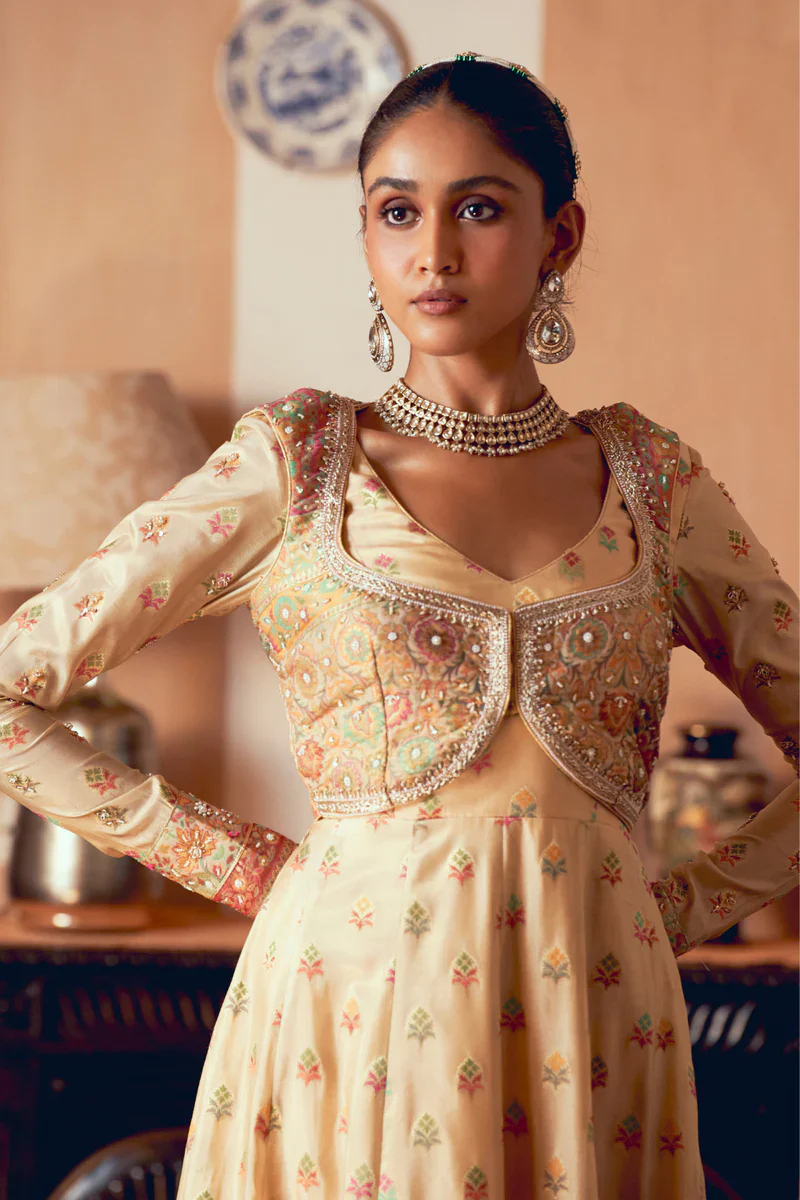 Yellow Jacquard Banarsi Anarkali with Cropped Jacket Set - Image 2