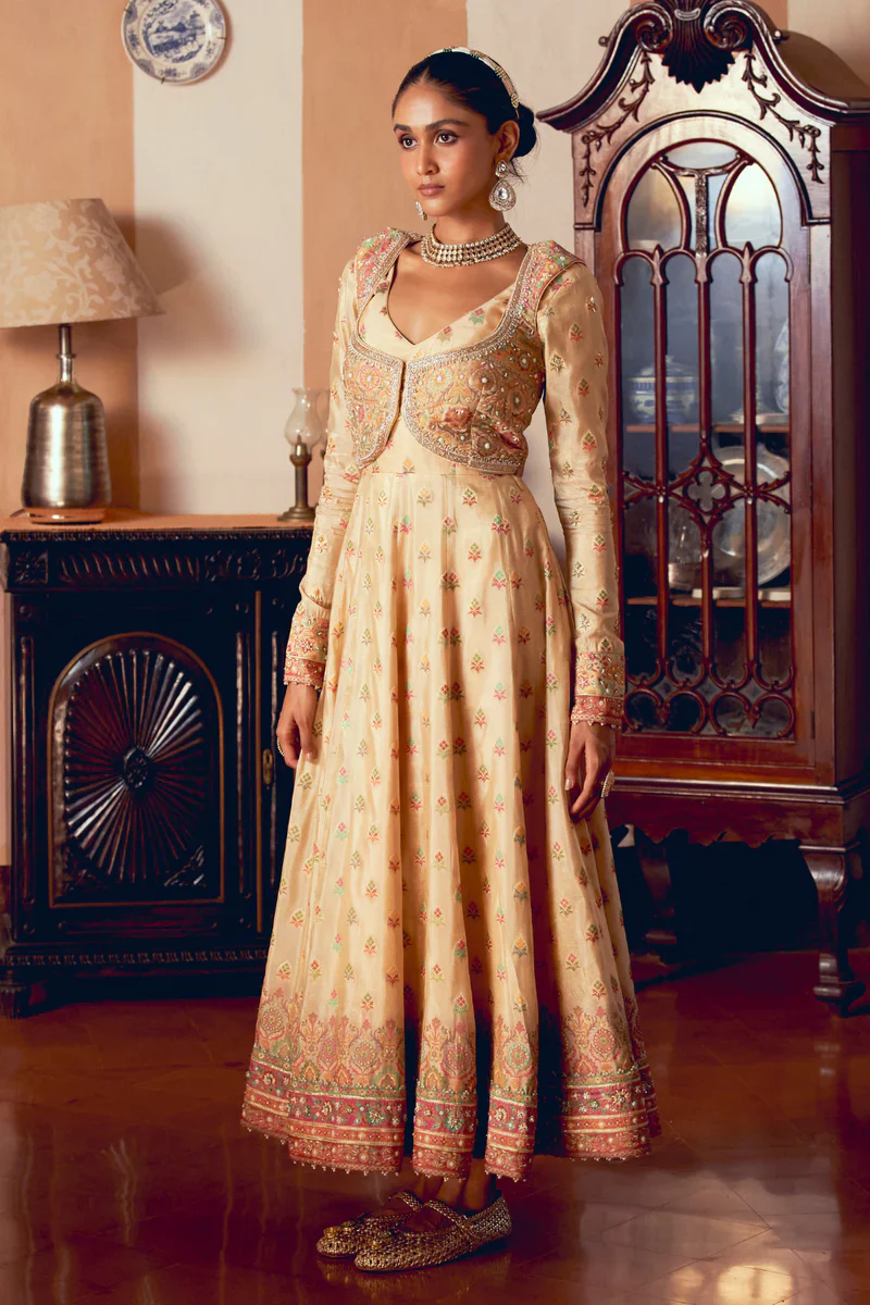 Yellow Jacquard Banarsi Anarkali with Cropped Jacket Set - Image 3