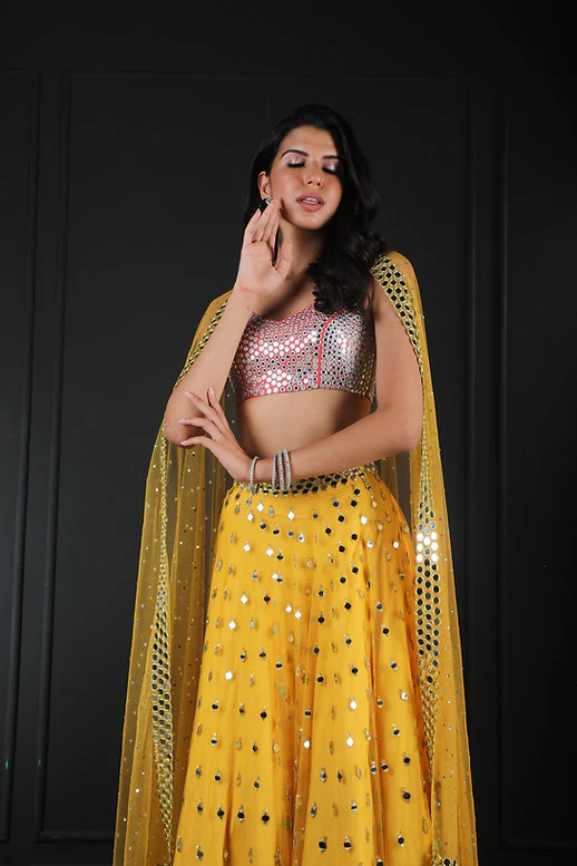 Yellow Mirror Lehnga With Mirror Encrusted Blouse And Skirt - Image 2