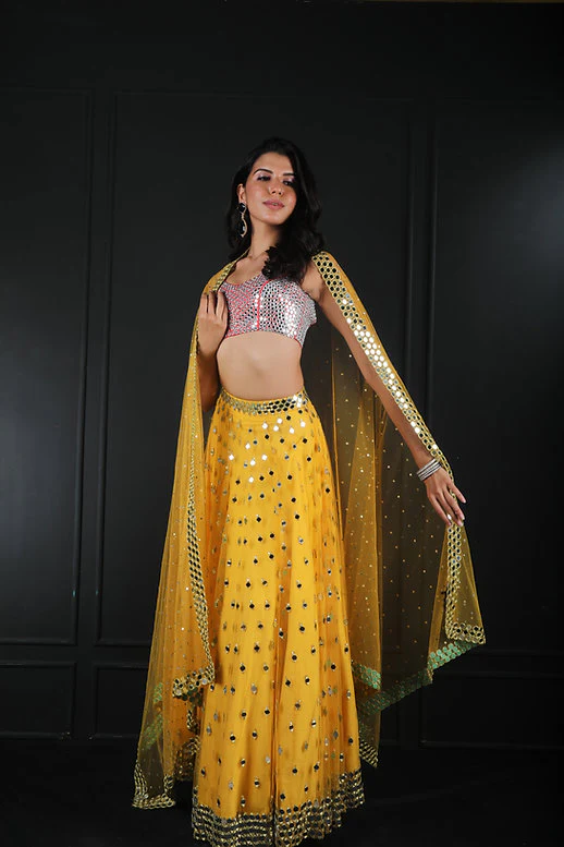 Yellow Mirror Lehnga With Mirror Encrusted Blouse And Skirt - Image 3