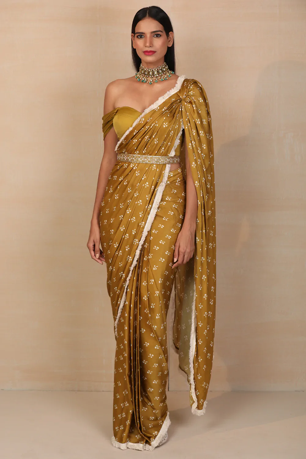 Yellow Modal Satin Printed Pre-draped Saree Set