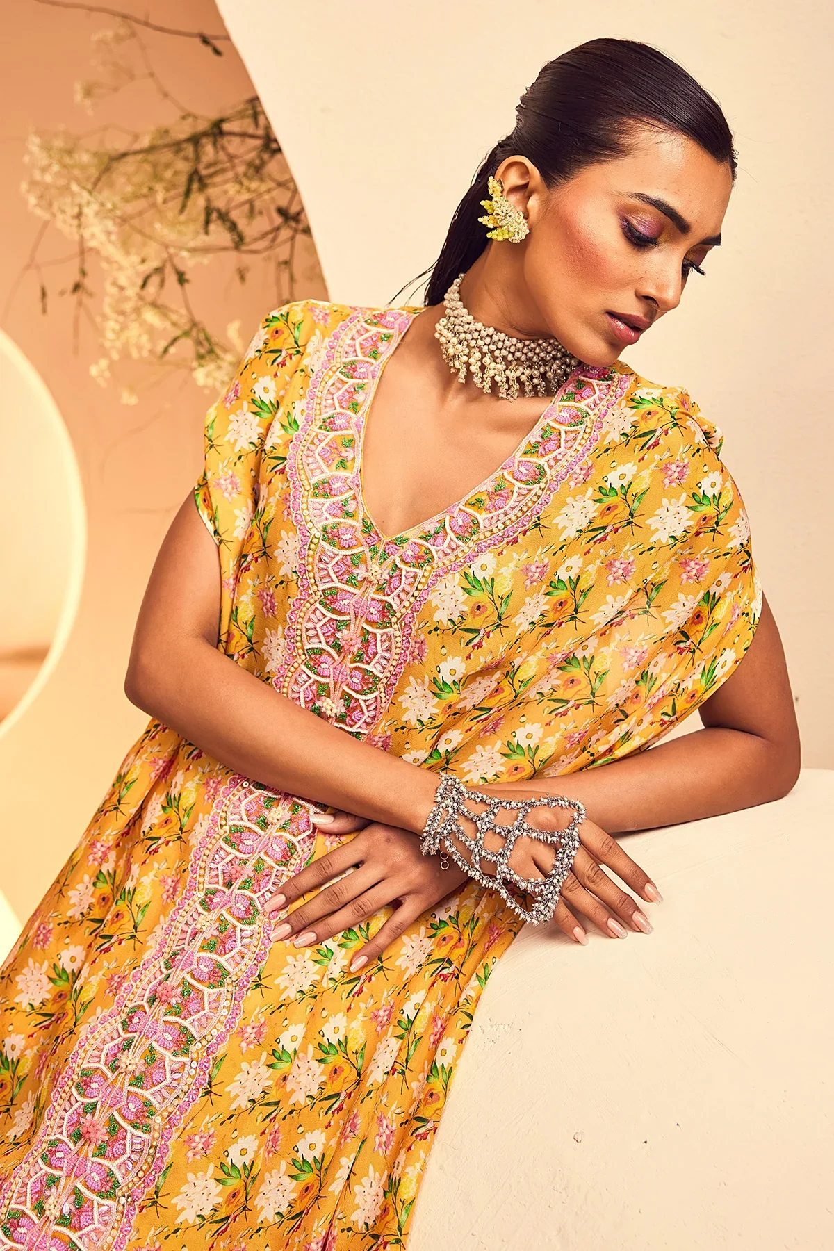 Yellow Motif Kaftan Sharara - Image 2