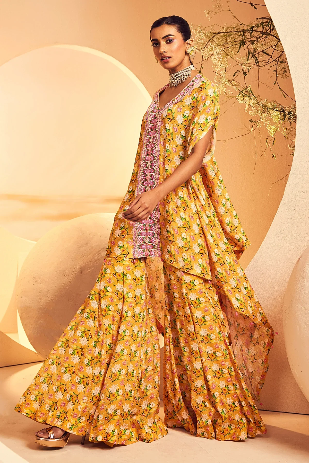 Yellow Motif Kaftan Sharara - Image 3