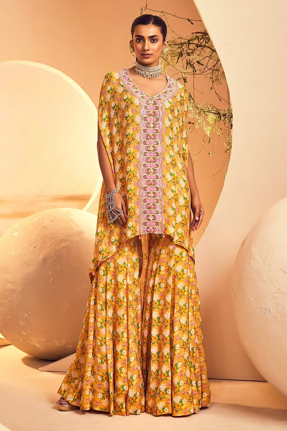 Yellow Motif Kaftan Sharara - Image 4