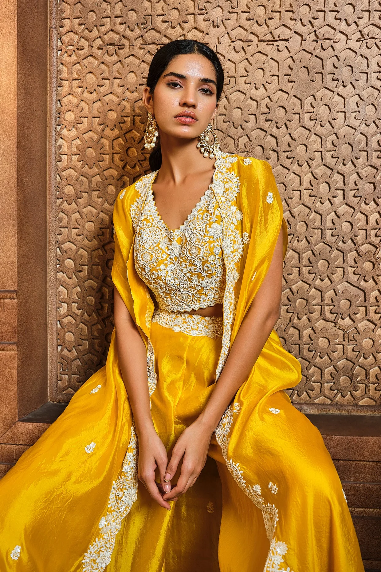 Yellow Pearl Embroidered Cape Sharara Set - Image 2