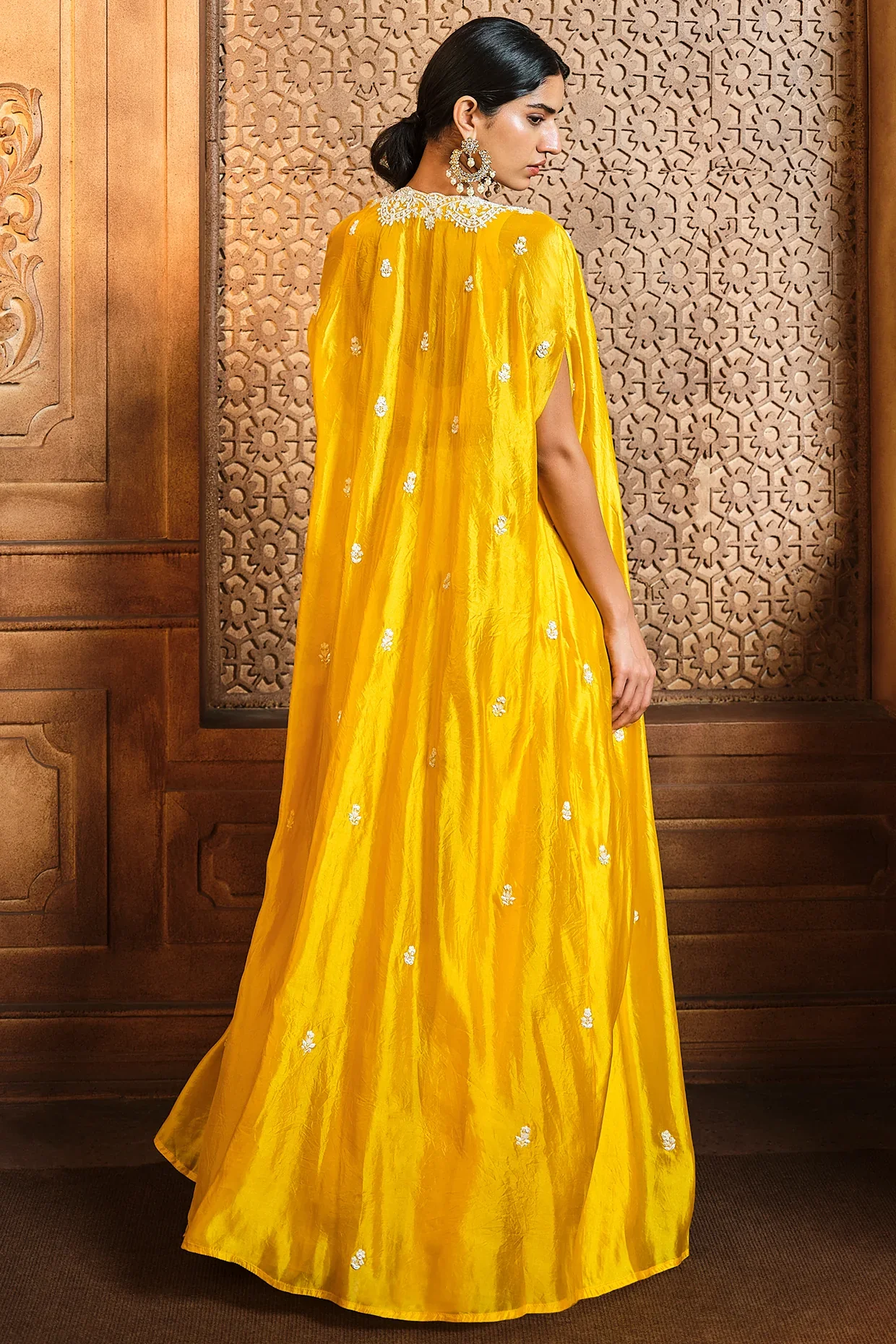 Yellow Pearl Embroidered Cape Sharara Set - Image 3