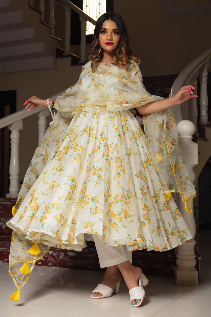 Yellow phool organza anarkali set - Image 2