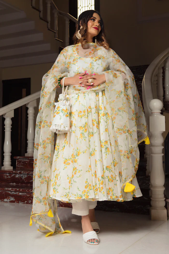 Yellow phool organza anarkali set - Image 6