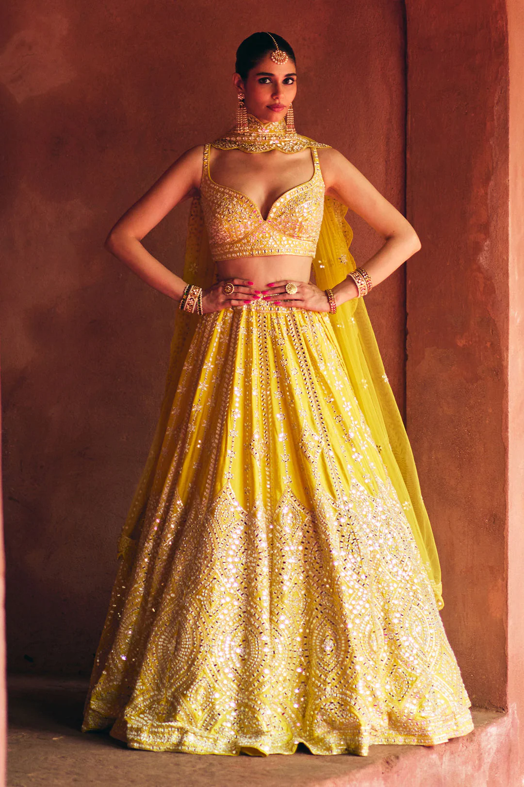 Yellow raw silk lehenga set
