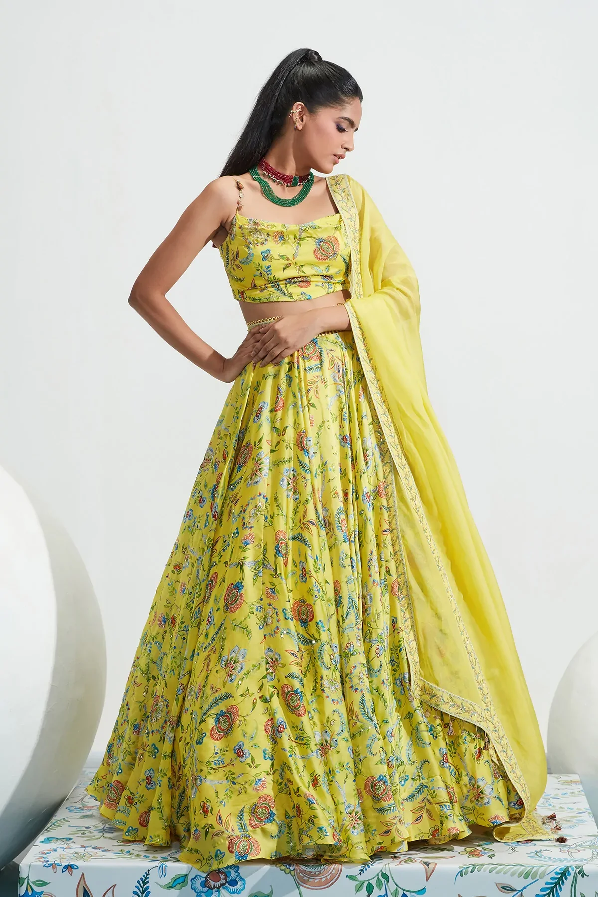 Yellow Satin Organza Daniya Botanical Print Lehenga Set - Image 10