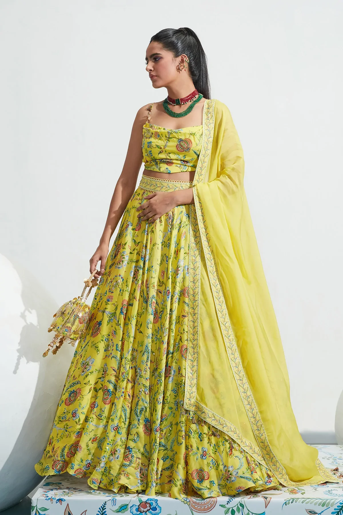 Yellow Satin Organza Daniya Botanical Print Lehenga Set - Image 11