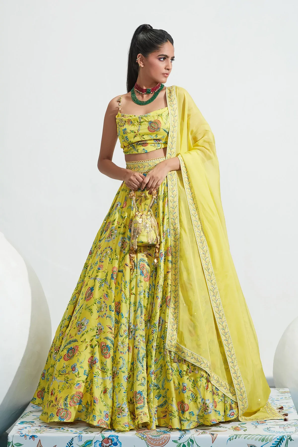 Yellow Satin Organza Daniya Botanical Print Lehenga Set - Image 12