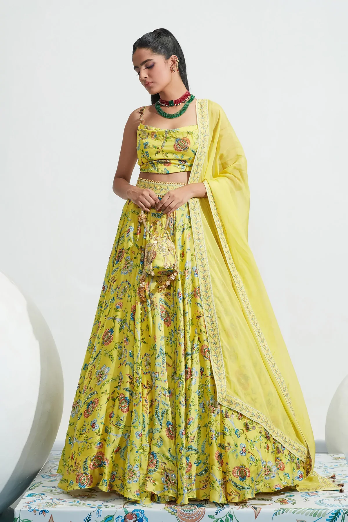 Yellow Satin Organza Daniya Botanical Print Lehenga Set - Image 13