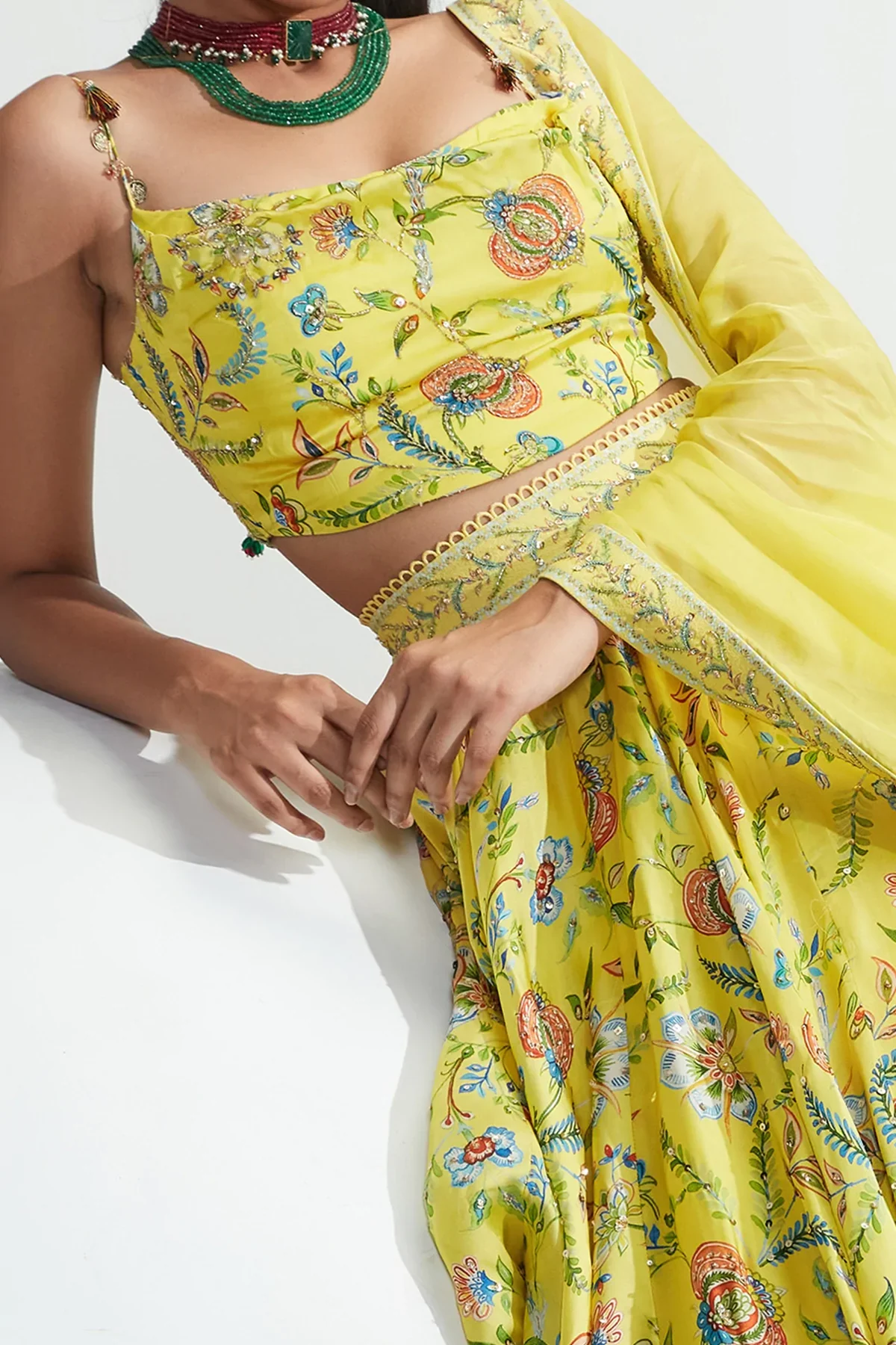 Yellow Satin Organza Daniya Botanical Print Lehenga Set - Image 14