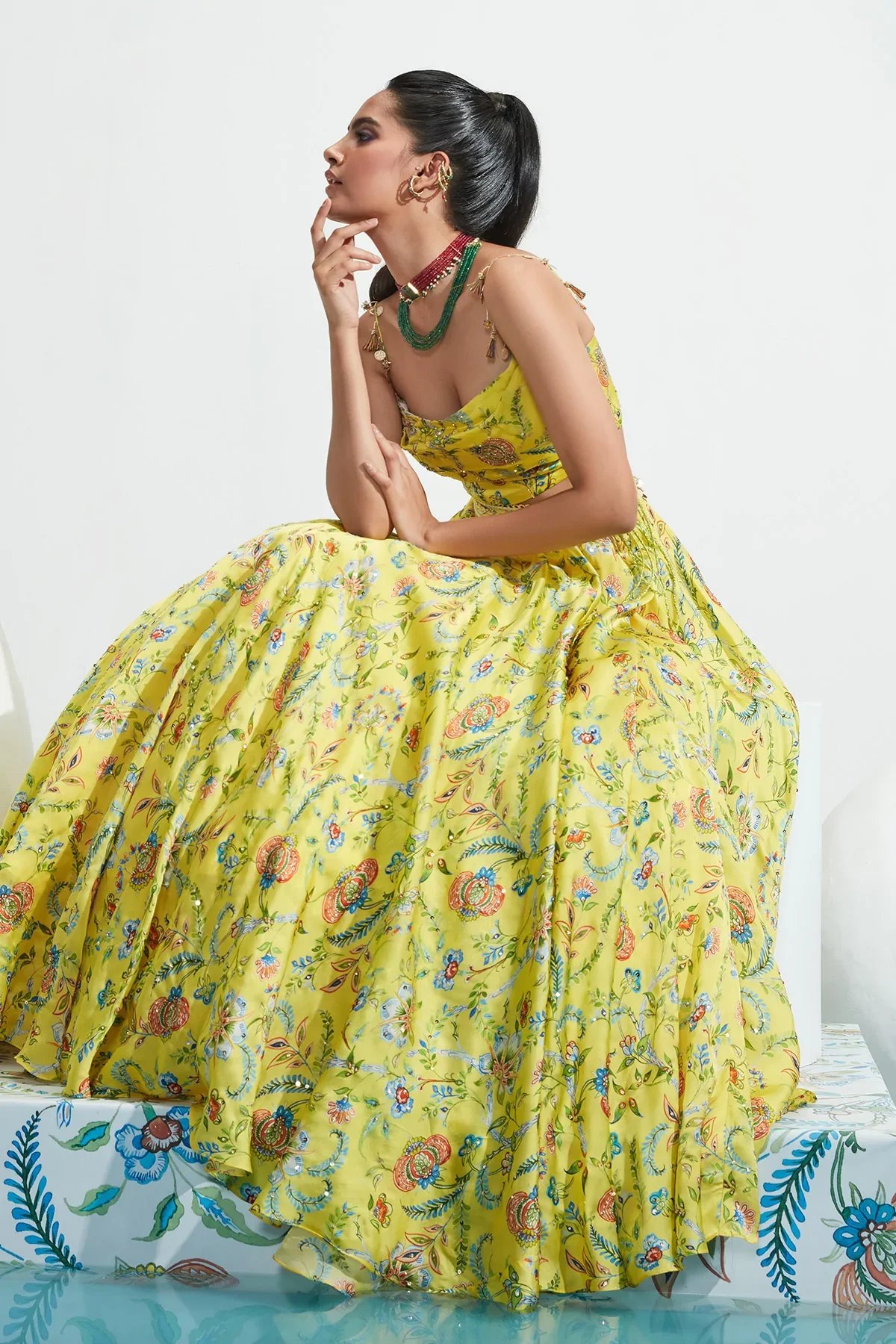 Yellow Satin Organza Daniya Botanical Print Lehenga Set - Image 3