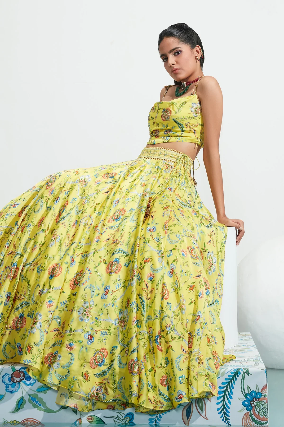 Yellow Satin Organza Daniya Botanical Print Lehenga Set - Image 4