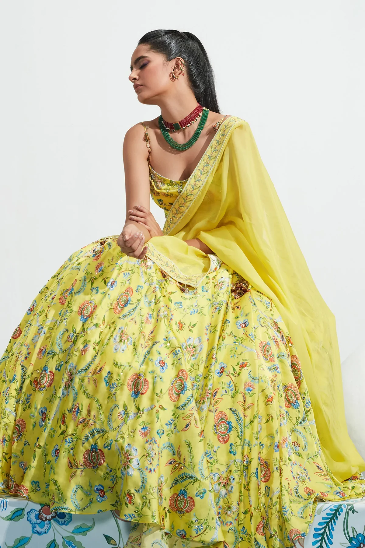 Yellow Satin Organza Daniya Botanical Print Lehenga Set - Image 5