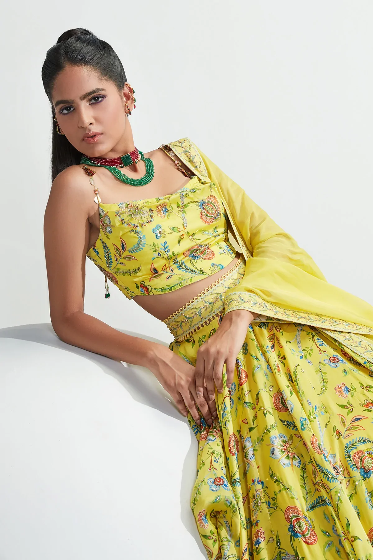 Yellow Satin Organza Daniya Botanical Print Lehenga Set - Image 6