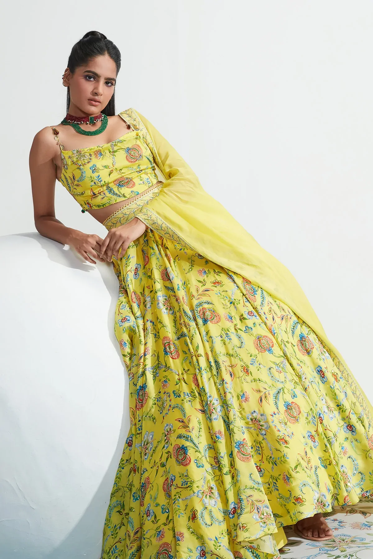 Yellow Satin Organza Daniya Botanical Print Lehenga Set - Image 7