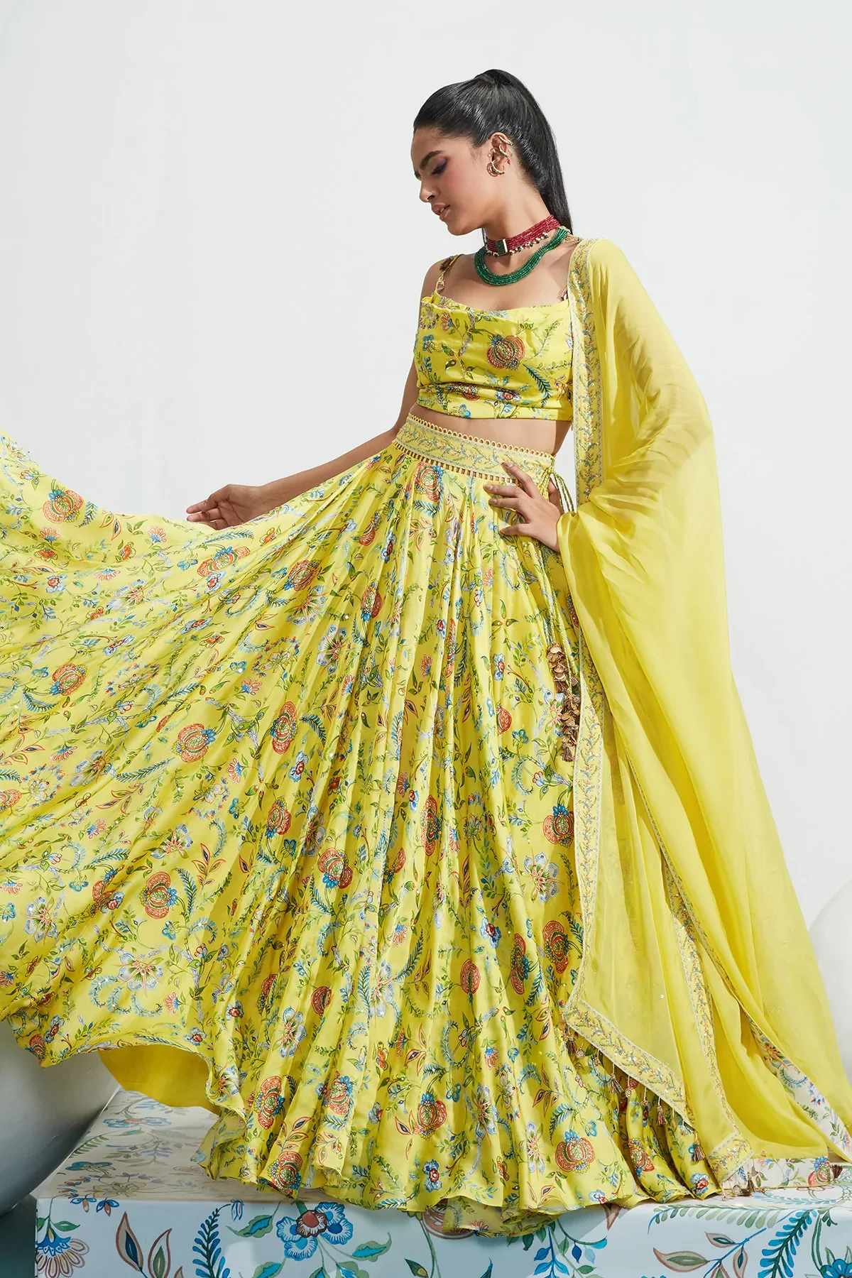 Yellow Satin Organza Daniya Botanical Print Lehenga Set - Image 8