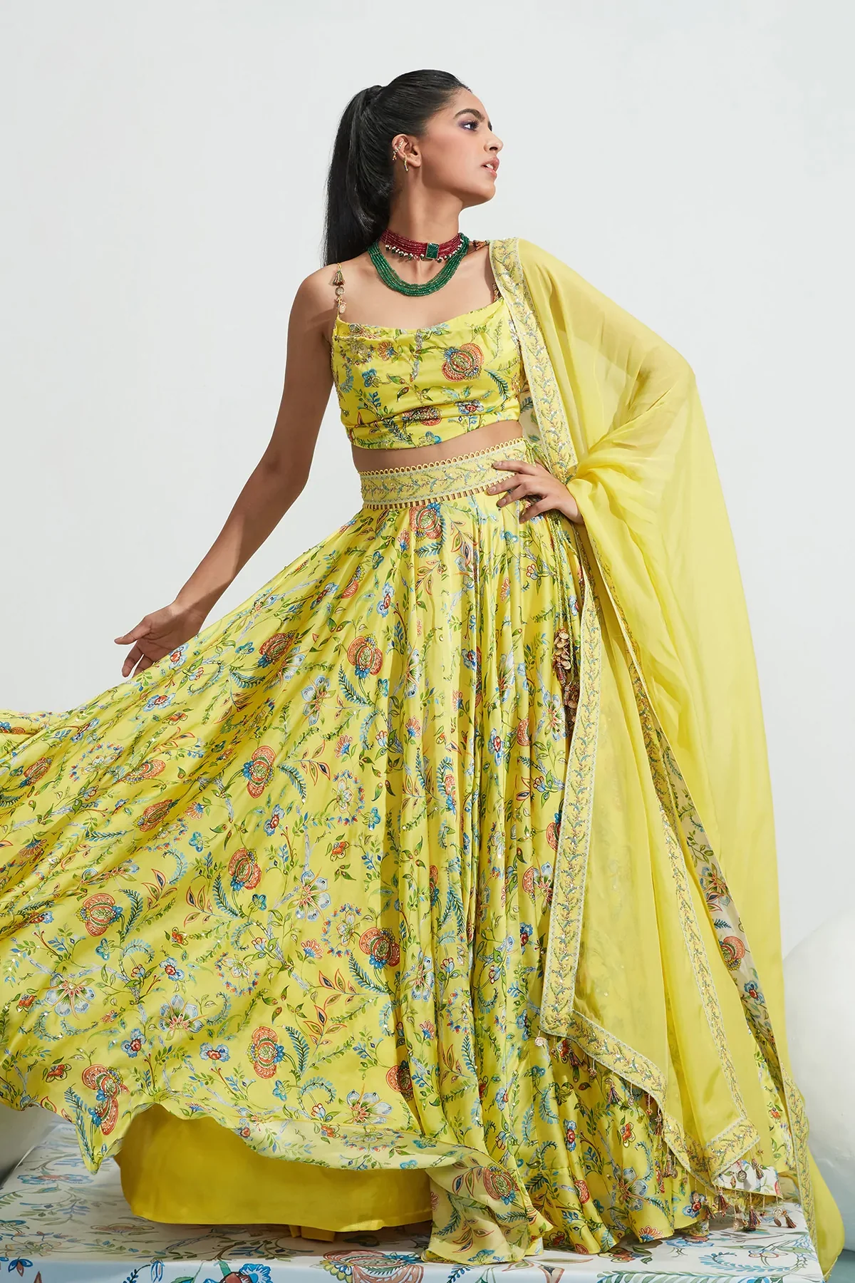 Yellow Satin Organza Daniya Botanical Print Lehenga Set - Image 9