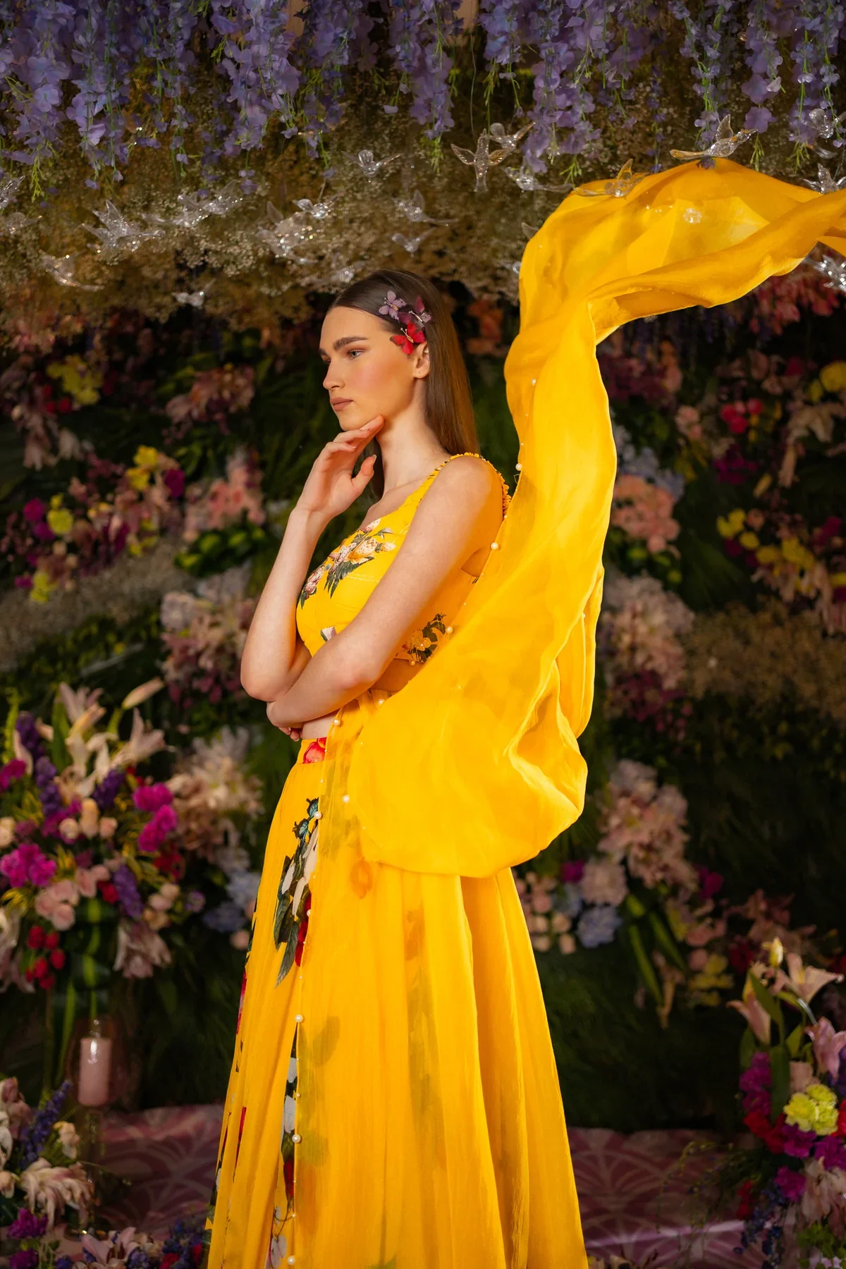 Yellow Silk Organza Floral Print Lehenga Set - Image 3