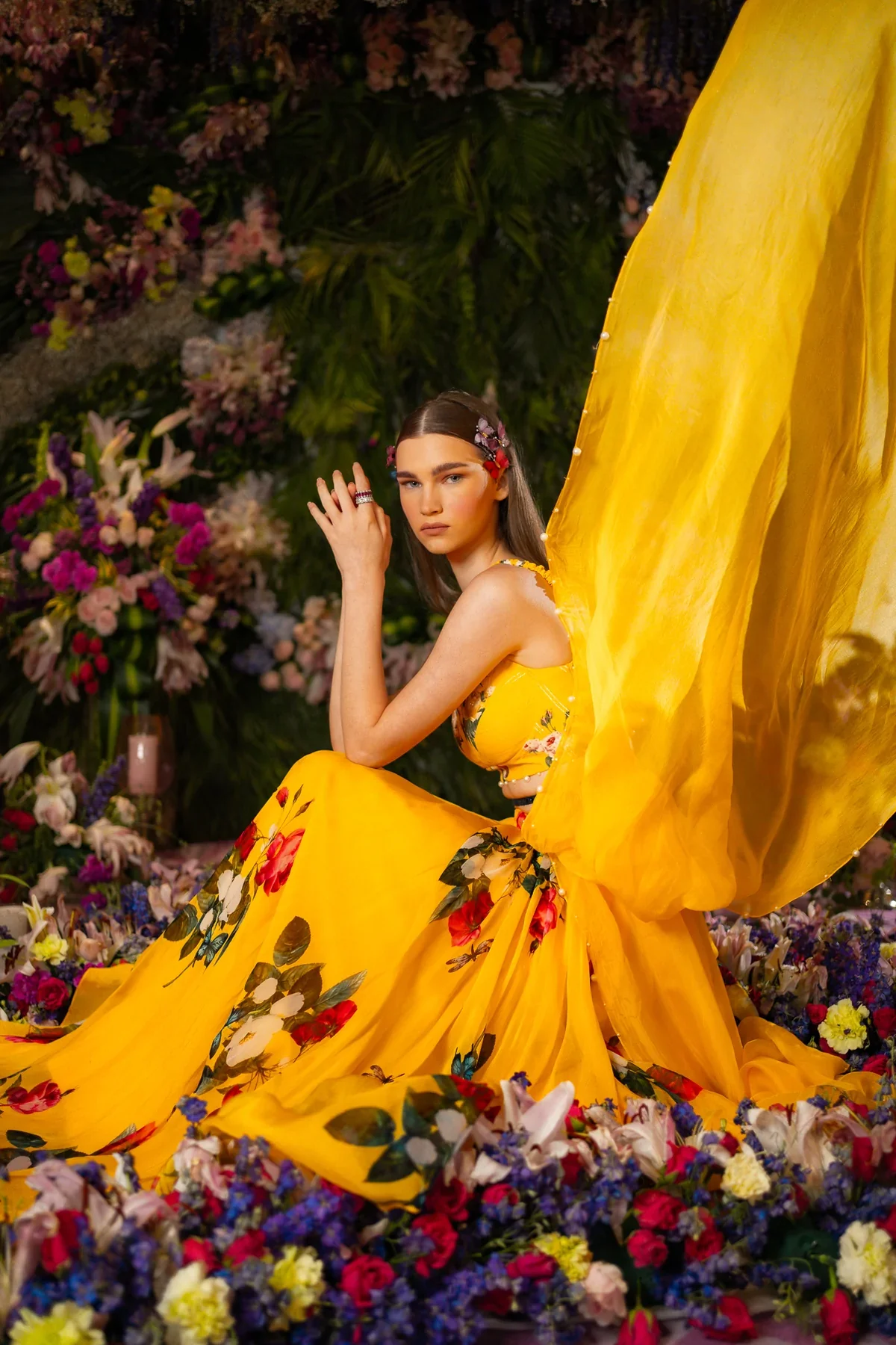 Yellow Silk Organza Floral Print Lehenga Set - Image 4