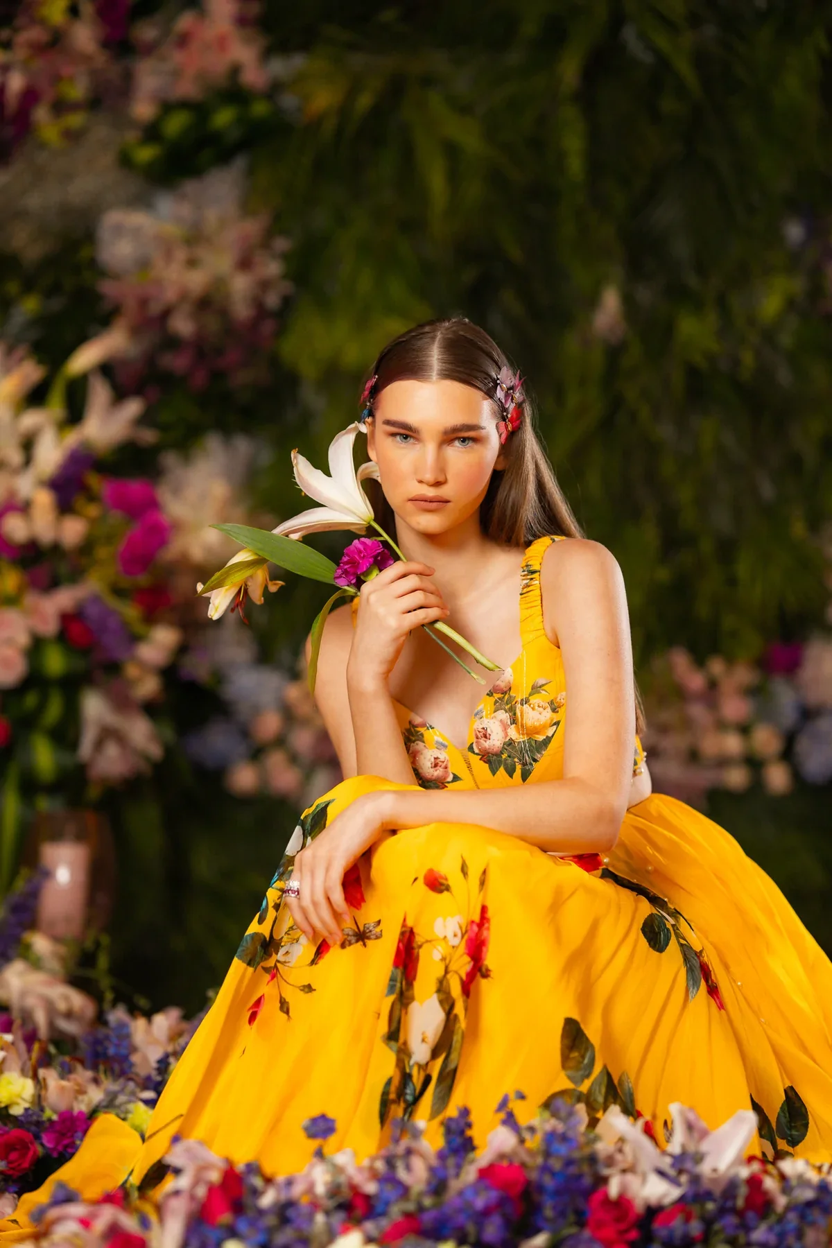 Yellow Silk Organza Floral Print Lehenga Set - Image 5