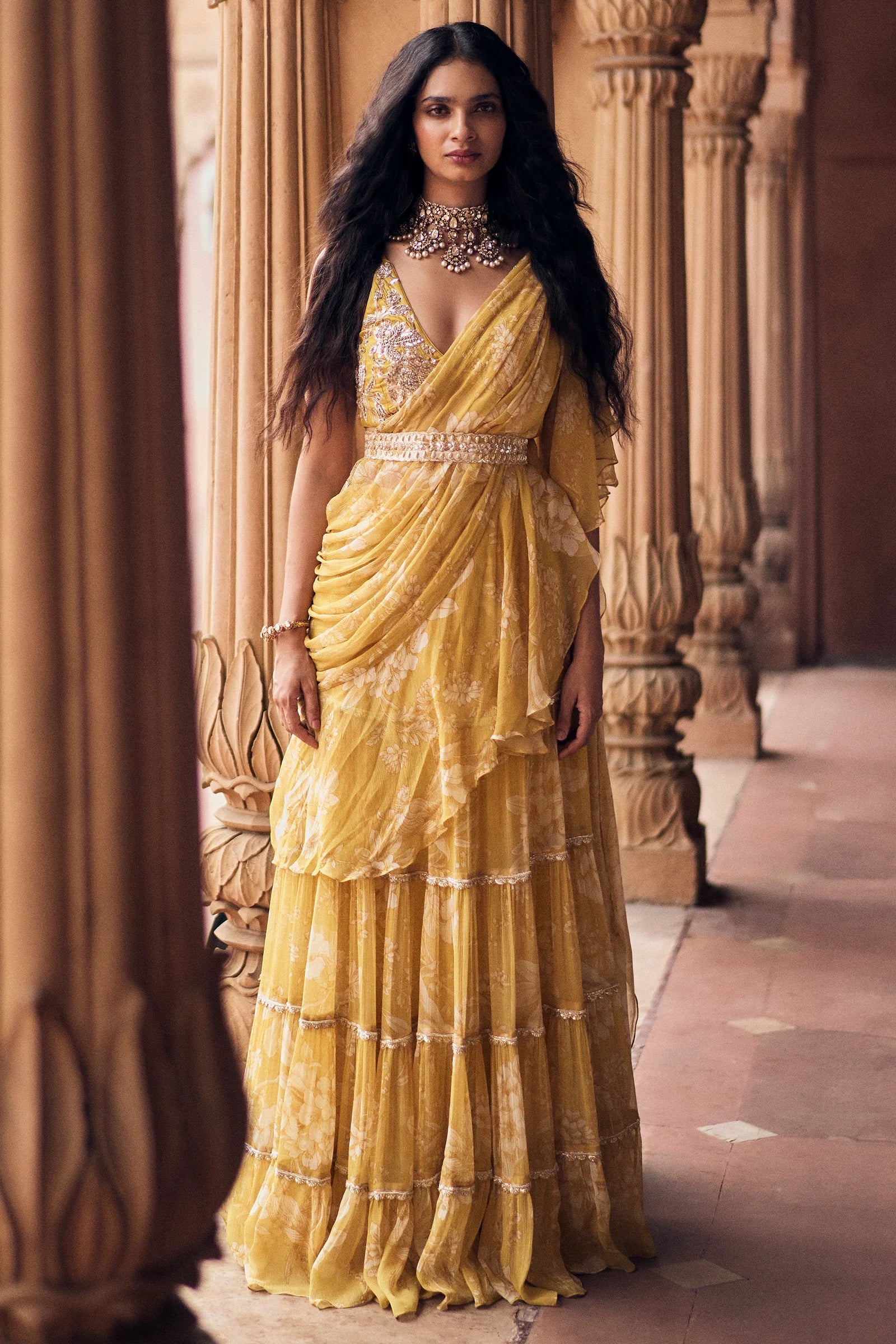 Yellow Vintage Romantic Floral Printed Chiffon Pre–Draped Saree