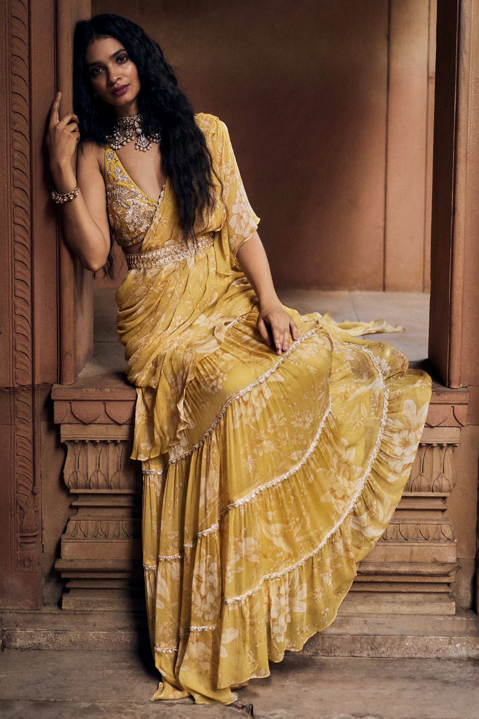 Yellow Vintage Romantic Floral Printed Chiffon Pre–Draped Saree - Image 2