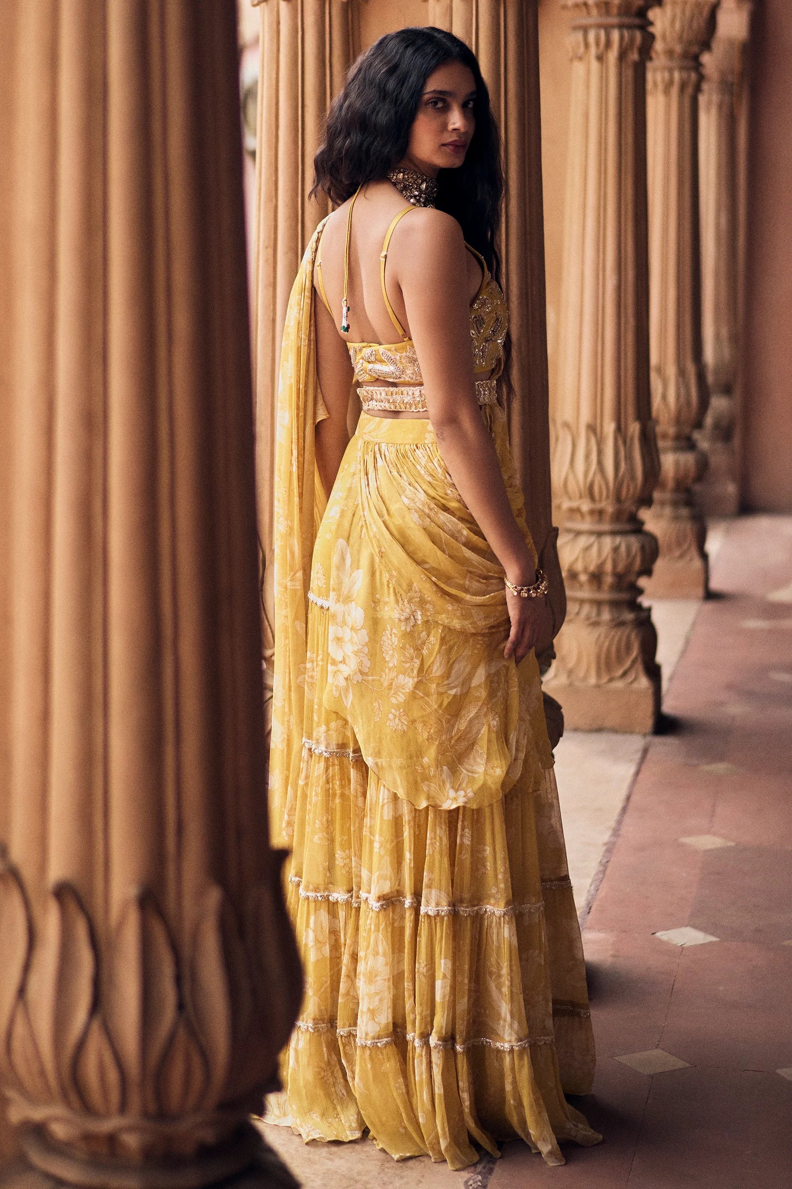 Yellow Vintage Romantic Floral Printed Chiffon Pre–Draped Saree - Image 3