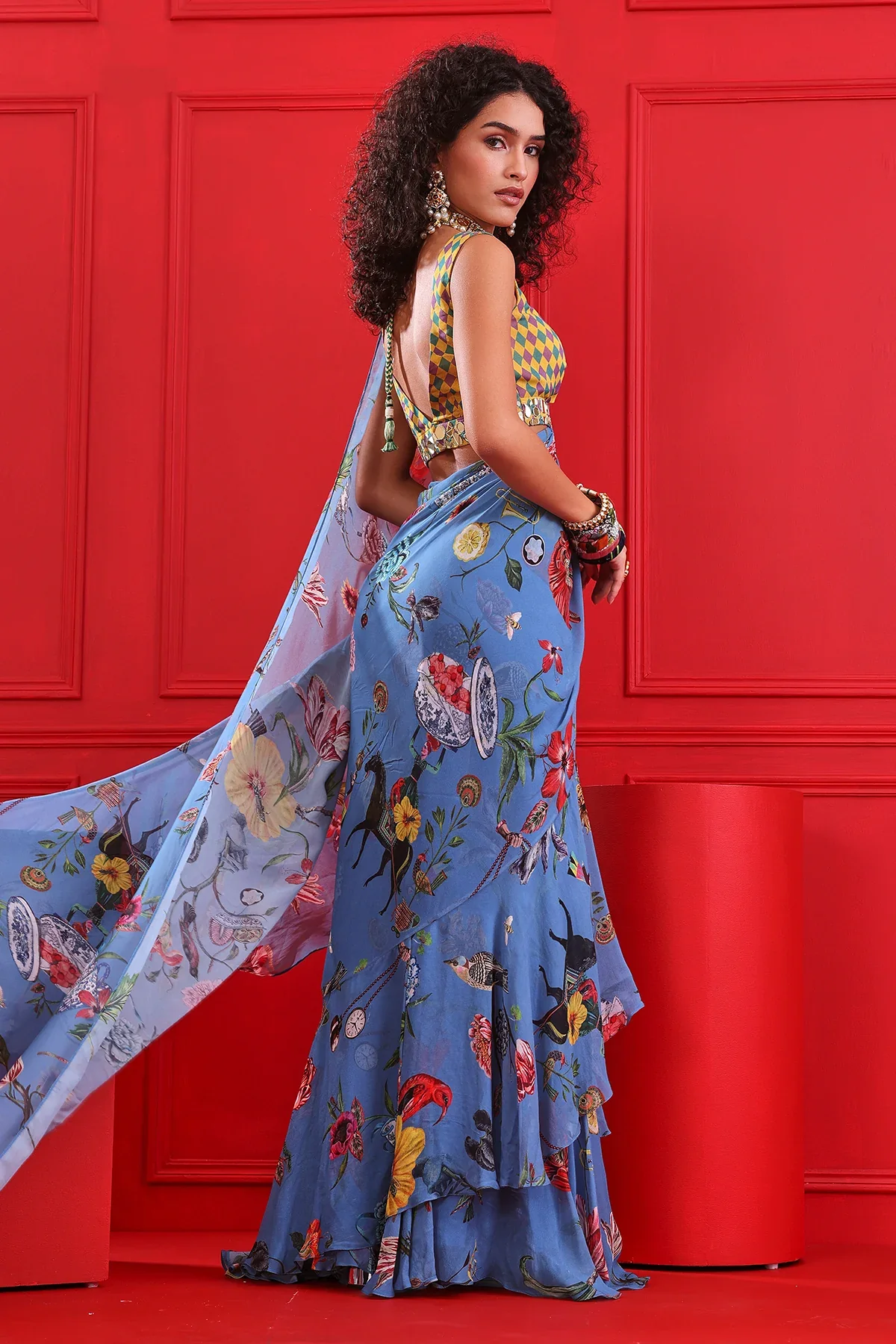 Zaira Printed Frill Saree Set - Image 3