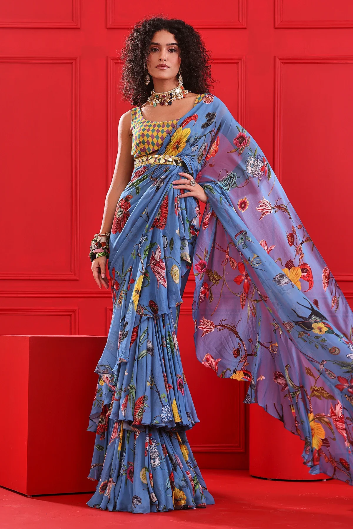 Zaira Printed Frill Saree Set - Image 4