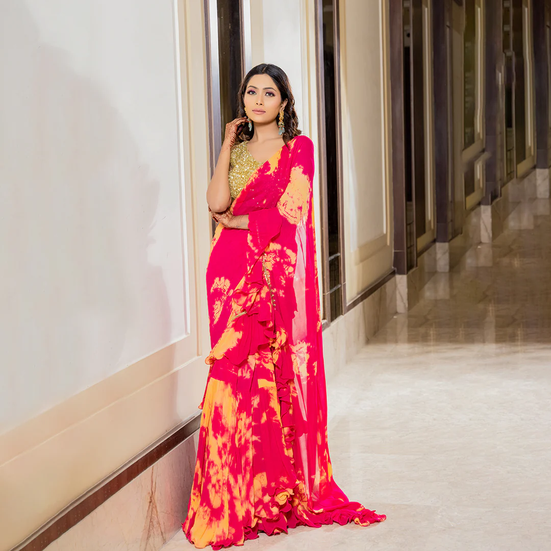 Zareen - Rani Pink Tie And Dye Drape Saree With Gold Sequin Blouse - Image 3