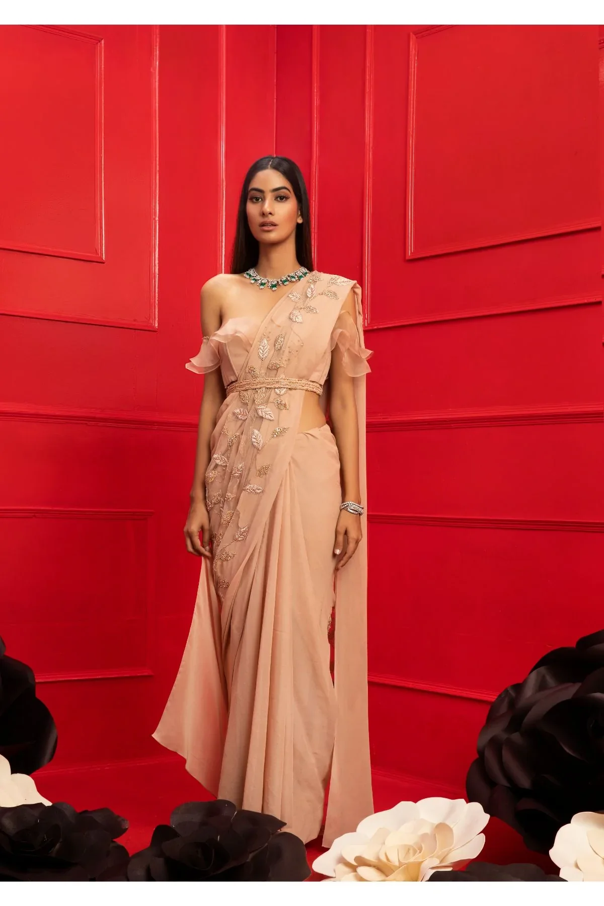Zia Beige Organza Embroidered Saree With Blouse