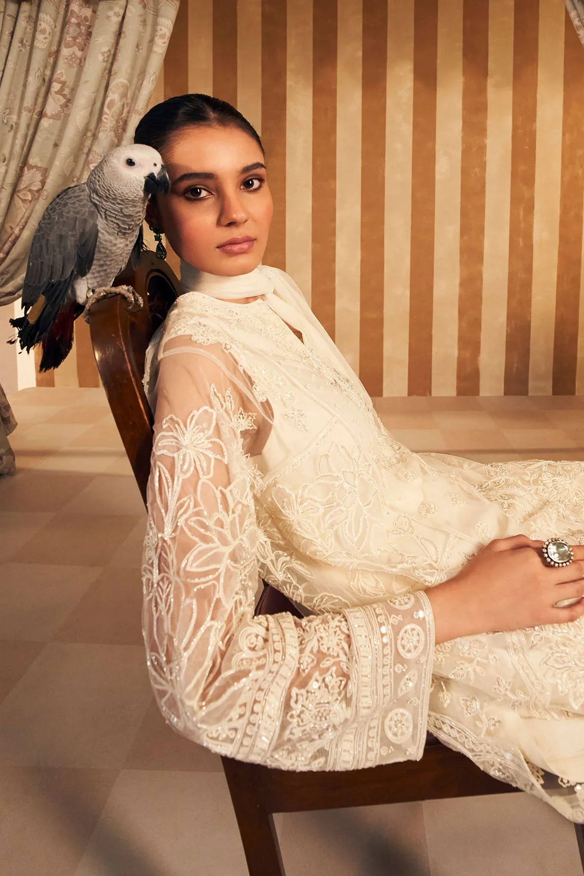Zohra - Ivory New Embroidered Kurta Paired With Silk Pants - Image 2