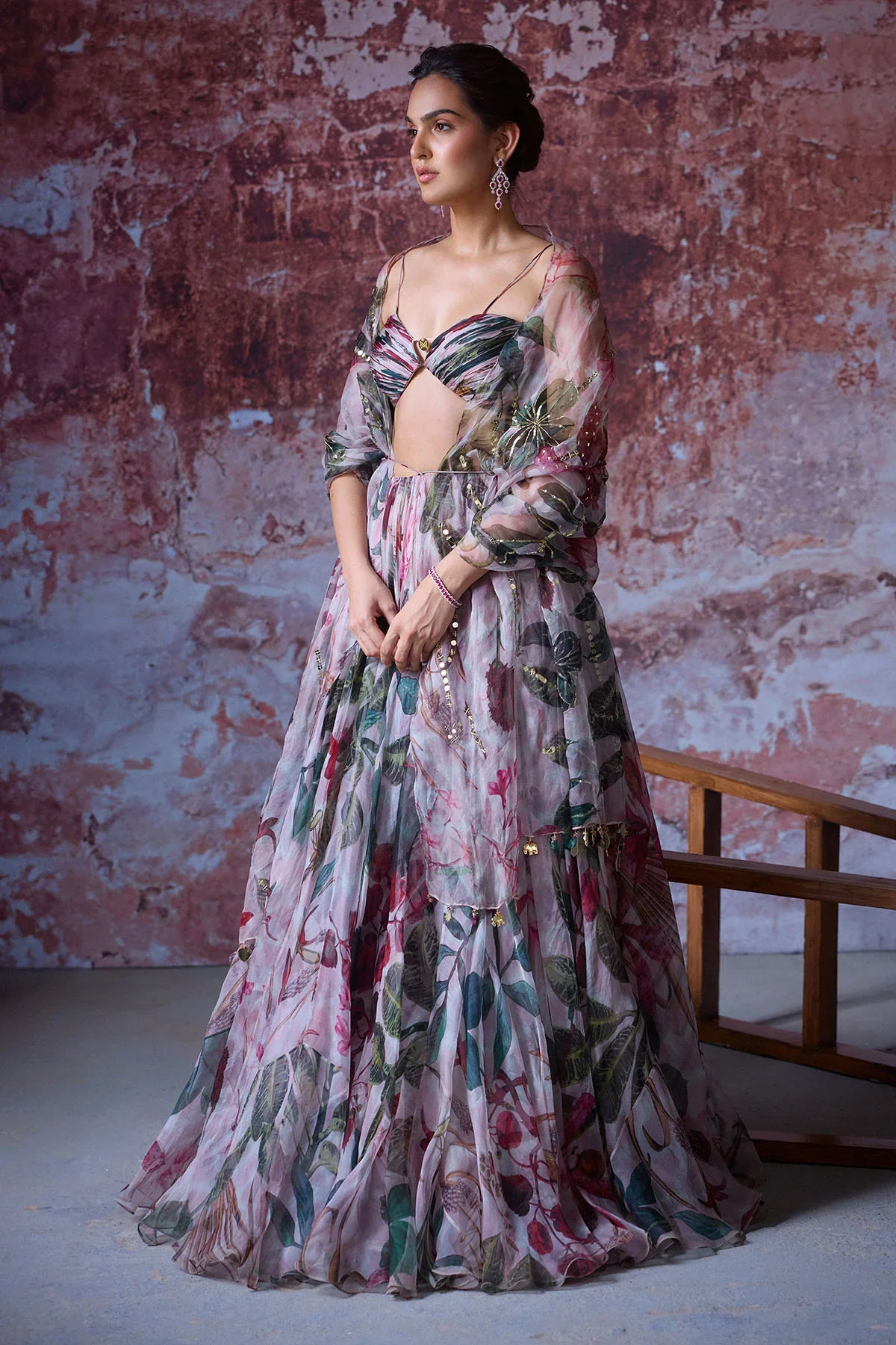 ZOONI - Printed Lehenga With Ruched Bralet Ralet Blouse - Image 5