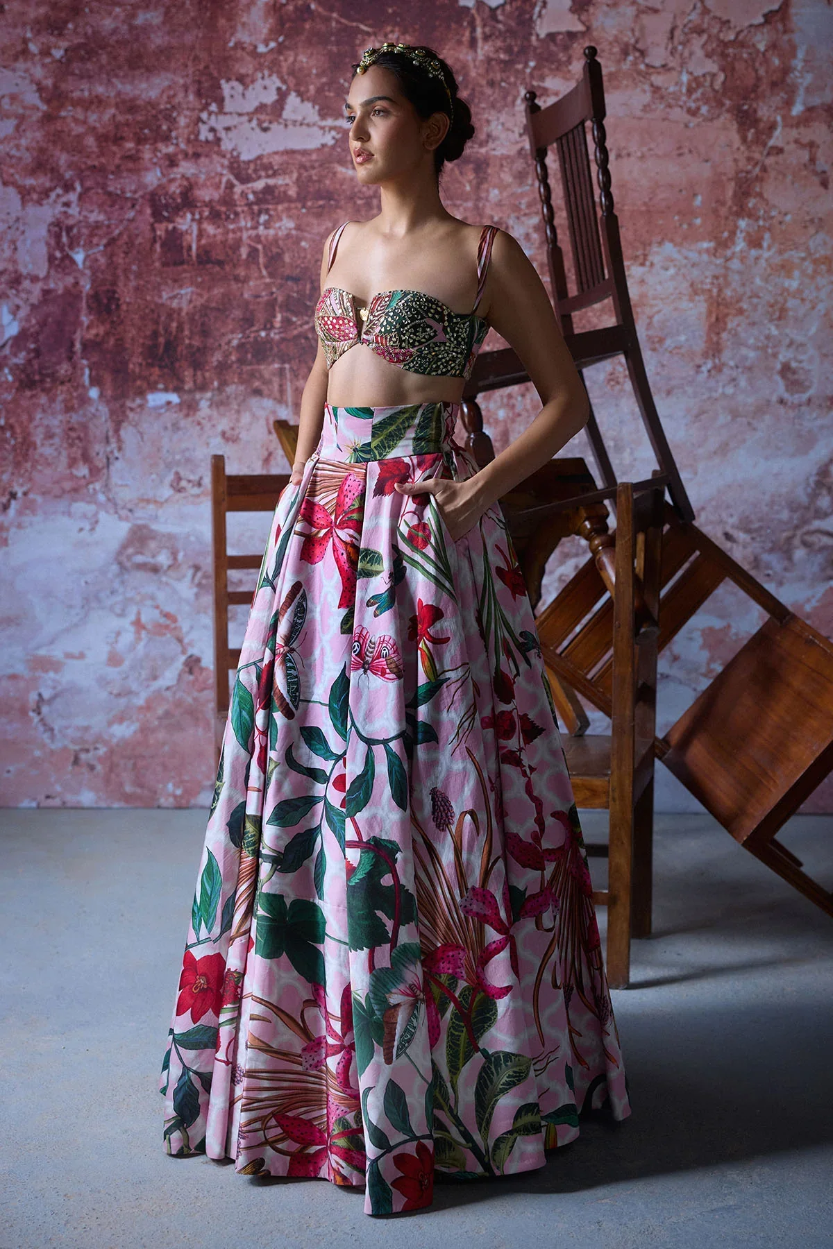 ZUBI - Printed Panalled Lehenga Featuring Pockets - Image 4