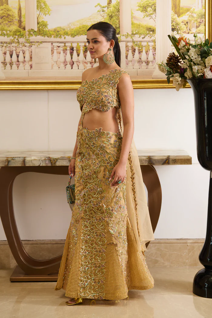 Zyra - Golden One-Shoulder Saree - Image 3